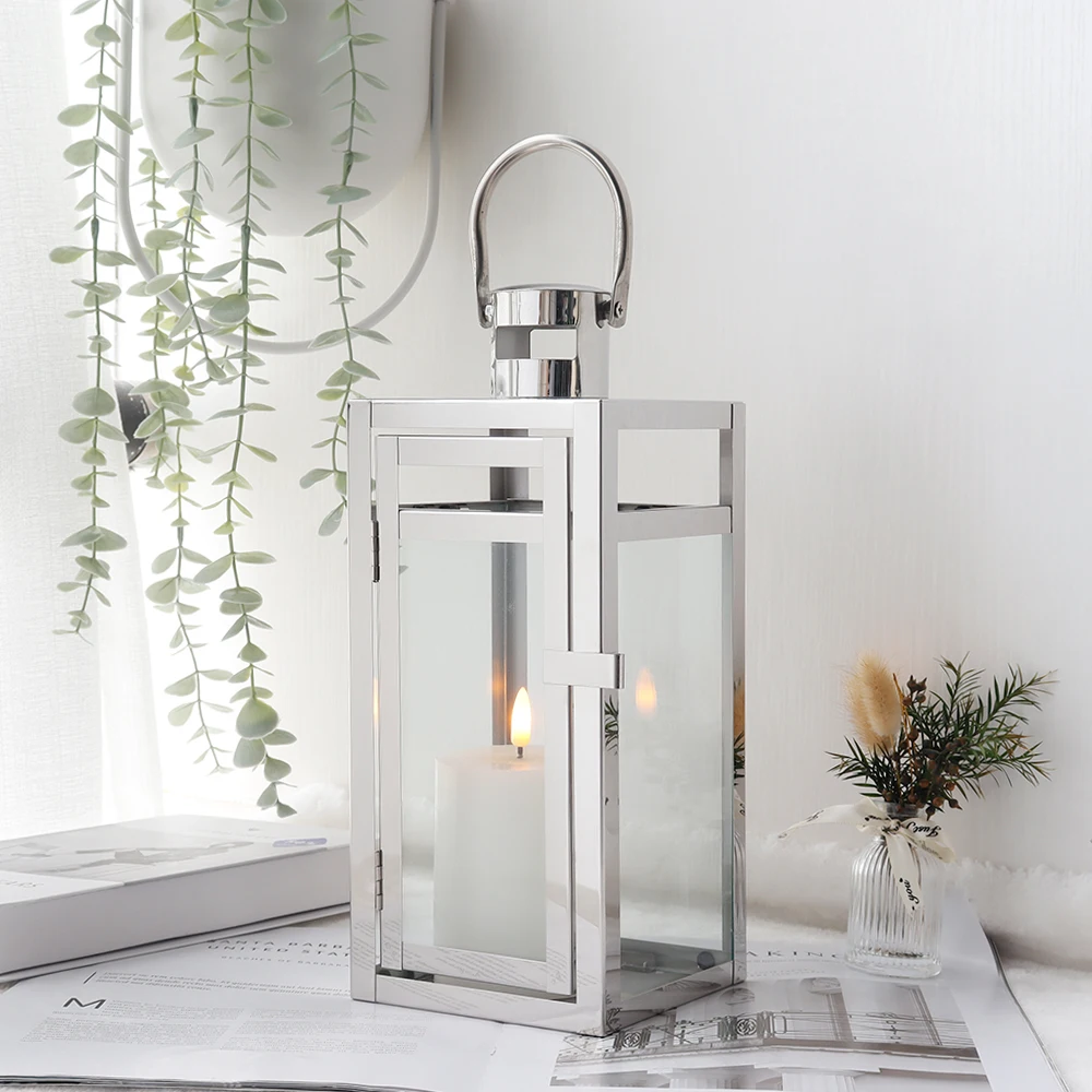 Sliver Stainless Steel Candle Holder Lantern Hanging Lantern Candlestick Light for Indoor Outdoor Wedding Centerpiece Home Decor