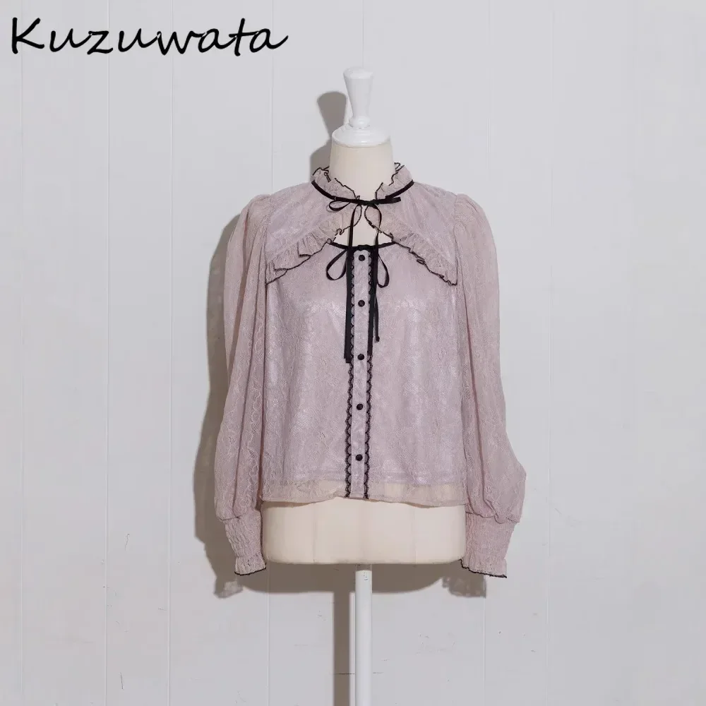 

Kuzuwata New Fresh Lace Hollow Out Lovely Shirt Sexy Sweet French Exquisite Panelled Top Japan Lace Up Preppy Literary Blusas