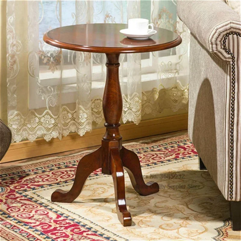 

Solid Wood Small Round Table, American Sofa European-style Simple Round Coffee Table, Side Corner Table, Metal Tissue Holder