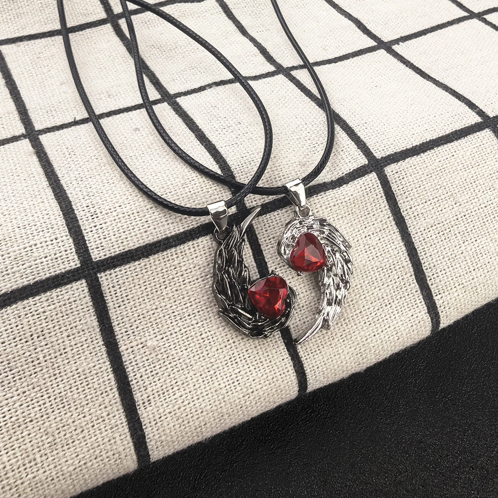 2 قطعة/المجموعة الملاك الشيطان قلادة حجر الراين الجناح شكل زوجين القلائد الحب شيطان الملاك مطابقة لعيد الحب للأزواج #2