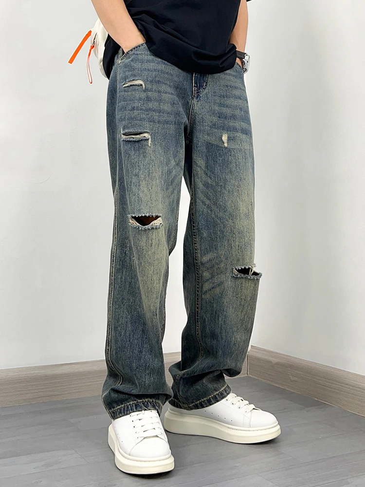 

Рваные прямые мужские джинсы, летние тонкие свободные американские модные брендовые винтажные уличные повседневные широкие брюки с завязками