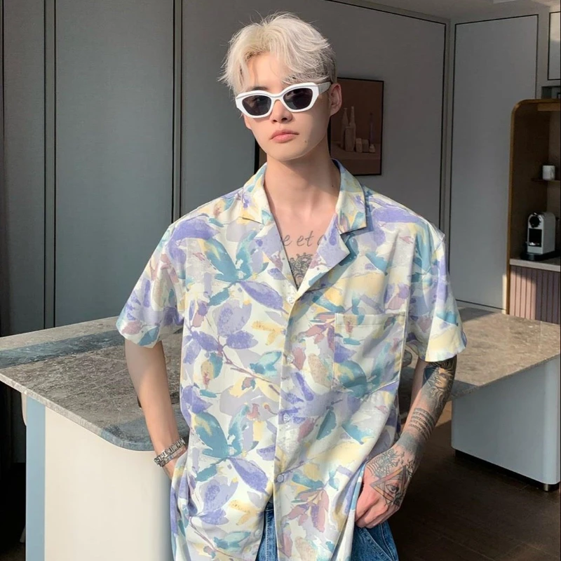 Men and Women Printed Tied Dyed Short-sleeved Casual Ice Silk Shirt