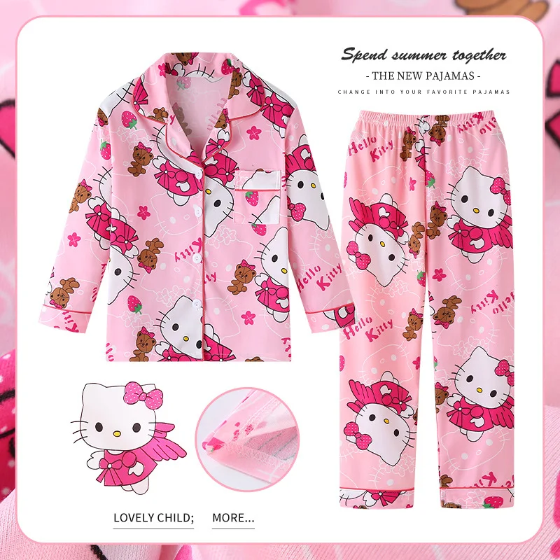 Kawaii Sanrio Pajamas Pants Hello Kitty Kuromi Long Sleeve Roll Clothes Cute Girls Thin Kits Cinnamoroll Pochacco Nightgown Gift