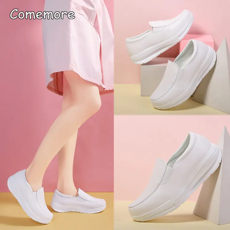 Comemore Sneakers Women Nurse White Shoes Comfortable Walking Shoes Breathable Female Flats Footwear Platform Slip-On Loafers 42