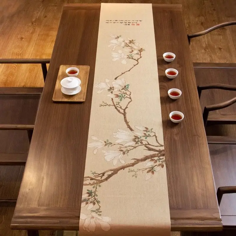 Japanese Zen Table Runners Magnolia - Premium Linen-Cotton Blend Waterproof Tea Mat for Tea Room Decor, Elegant Table Decoration