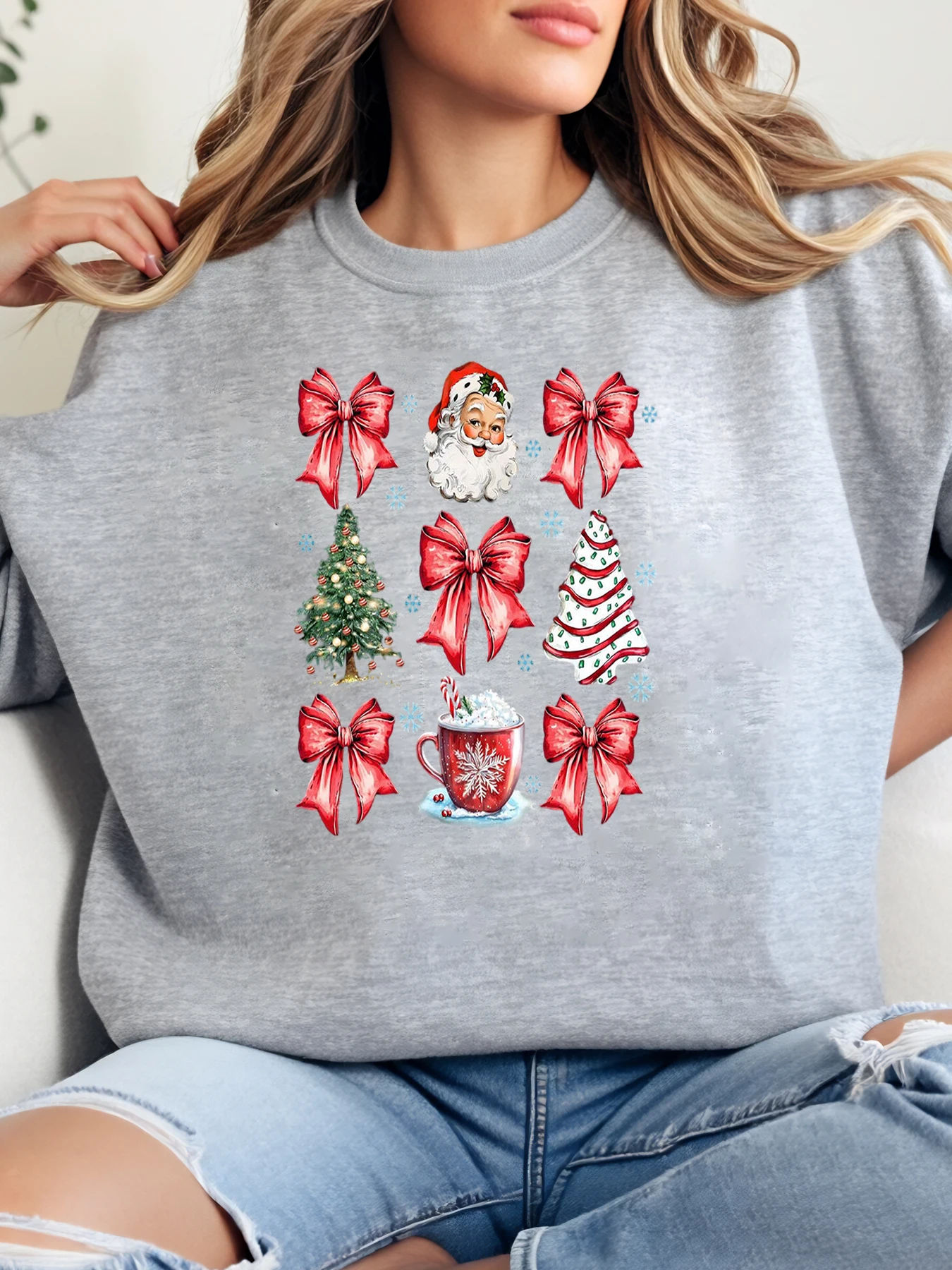 عيد الميلاد سانتا شجرة القوس كوب طباعة عطلة البلوز المرأة ملابس شتوية غير رسمية رمادي حجم كبير #1