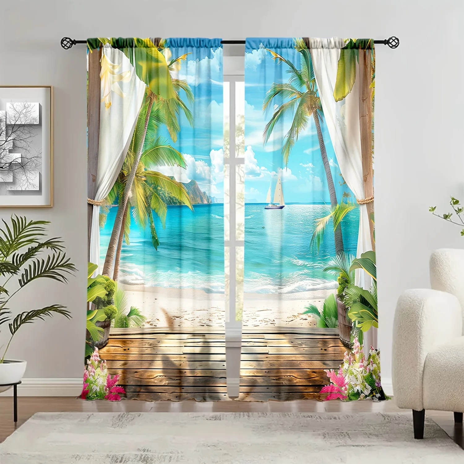 Vibrant Tropical Beach Scene Curtains Ocean View Palm Tree Window Drapes Coastal Paradise Waterproof Bathroom Living Room Home D