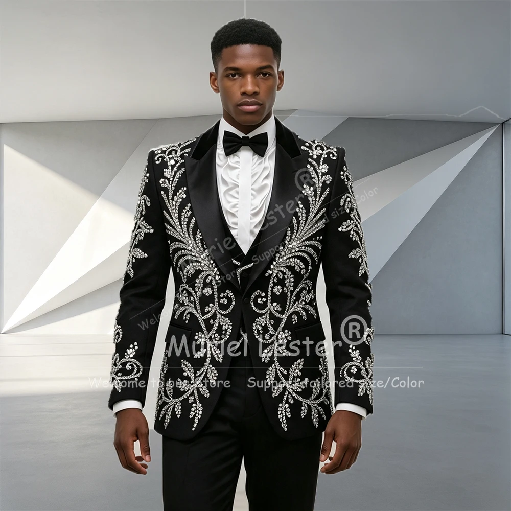 Handmade Suits Men Crystals Sequin Beading Single Breasted Jacket Vest Pants 3 Piece Sets Groom Wedding Tuxedo Attire Slim Fit