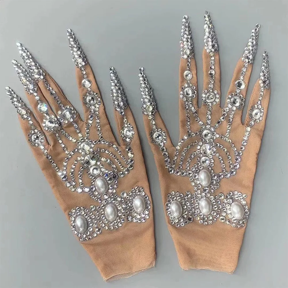 Luxurious Glisten Pearl Diamond Short Women Gloves Sparkly Crystal Elastic Gloves Dancer Nightclub Performence Show Accessories