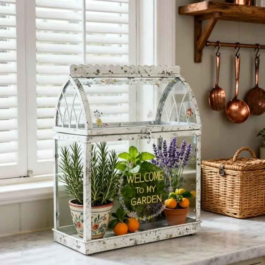 Large House Shape Glass Terrarium with Acrylic Lid, White Geometric Greenhouse-Style Planter for Ferns Succulents Air Plants, H - view 3