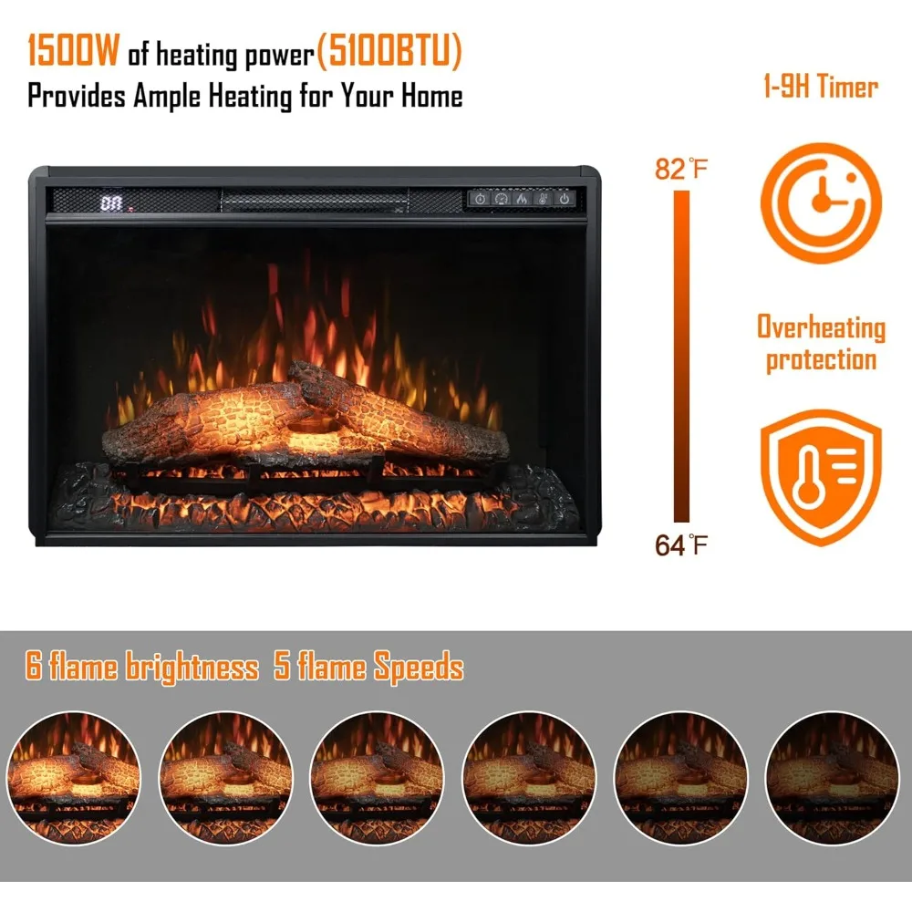 26 Wall-Mounted Electric Fireplace, 1500W Recessed Insert with Remote, Timer, Adjustable Brightness & Speed, Safety Overheat Pro