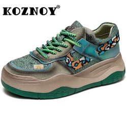 Koznoy 5cm Genuine Leather Women Comfy Chunky Sneaker Summer Spring Mixed Color Vulcanize Ankle Boots Autumn Breathable Shoes