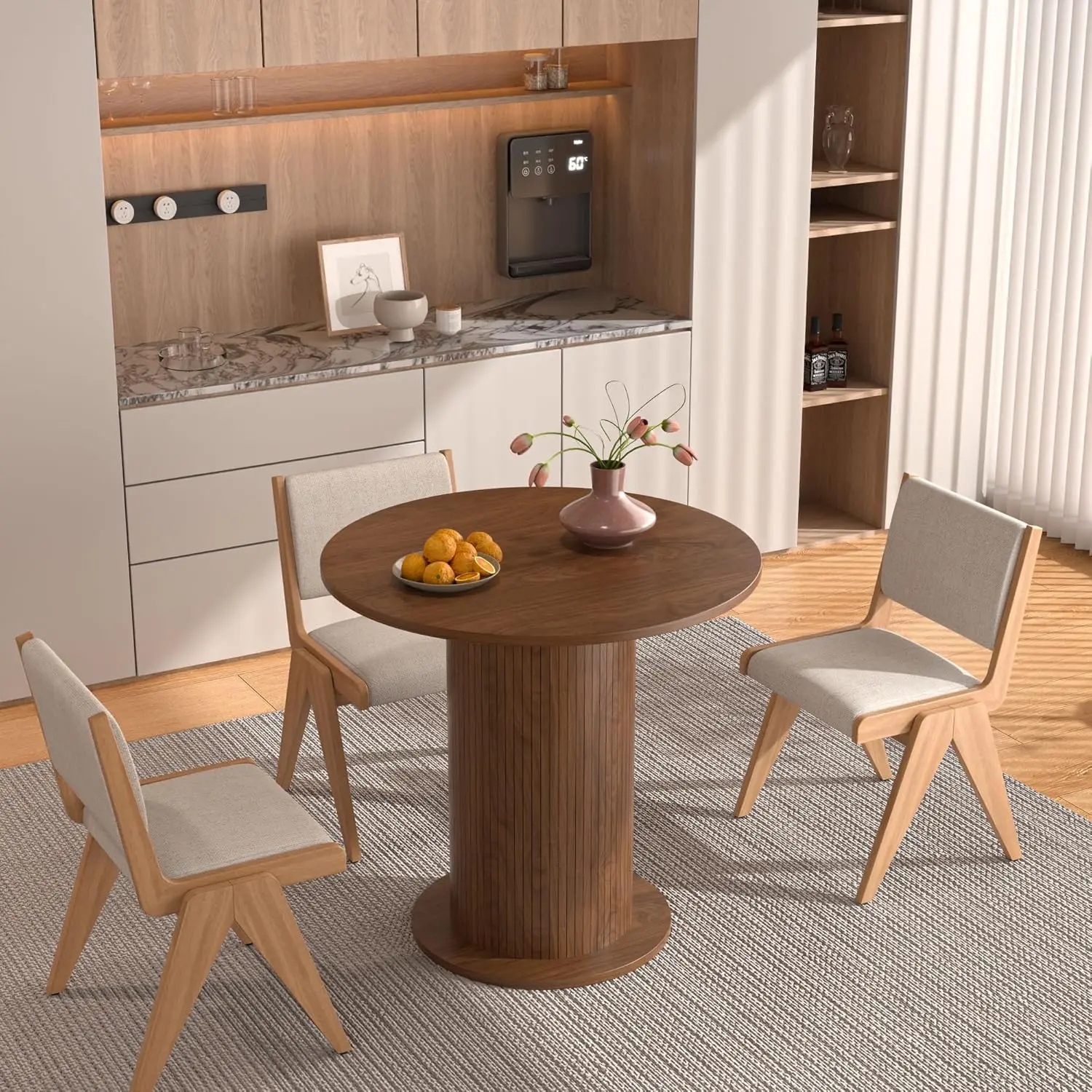 Mesa de comedor redonda para 2, mesa de cocina moderna de granja, mesas de comedor circulares pequeñas con base de tira de madera para cocina y sala de estar