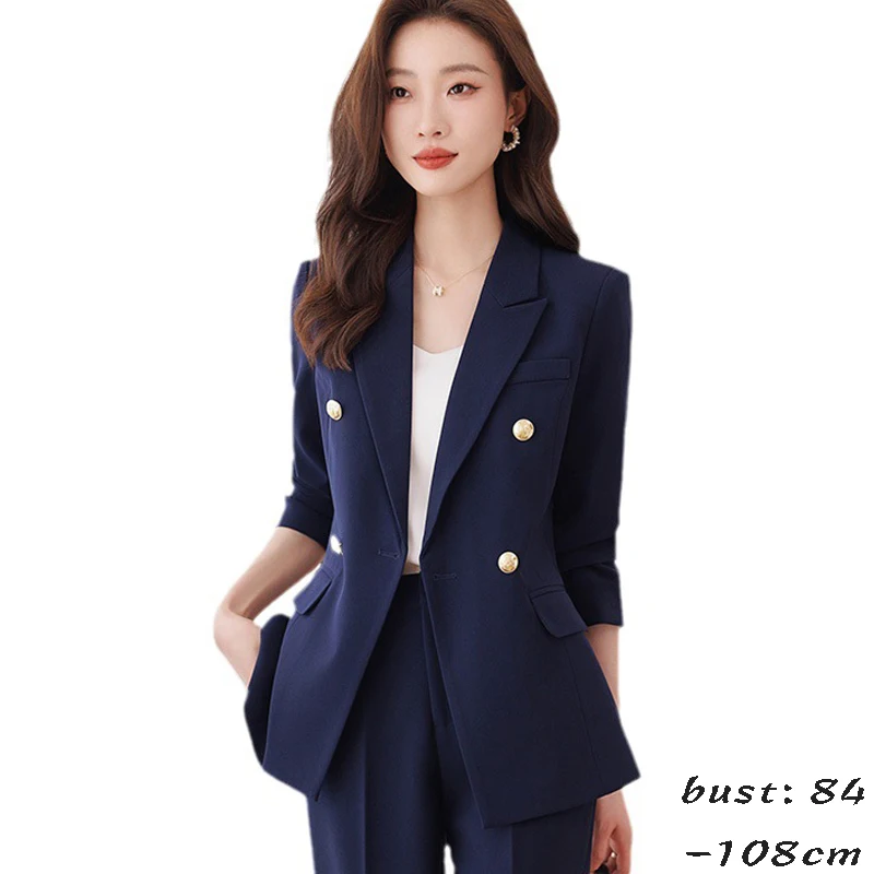 

High quality blazer for women jacket double breasted spring 2024 elegant fashion clothes - black blue grey