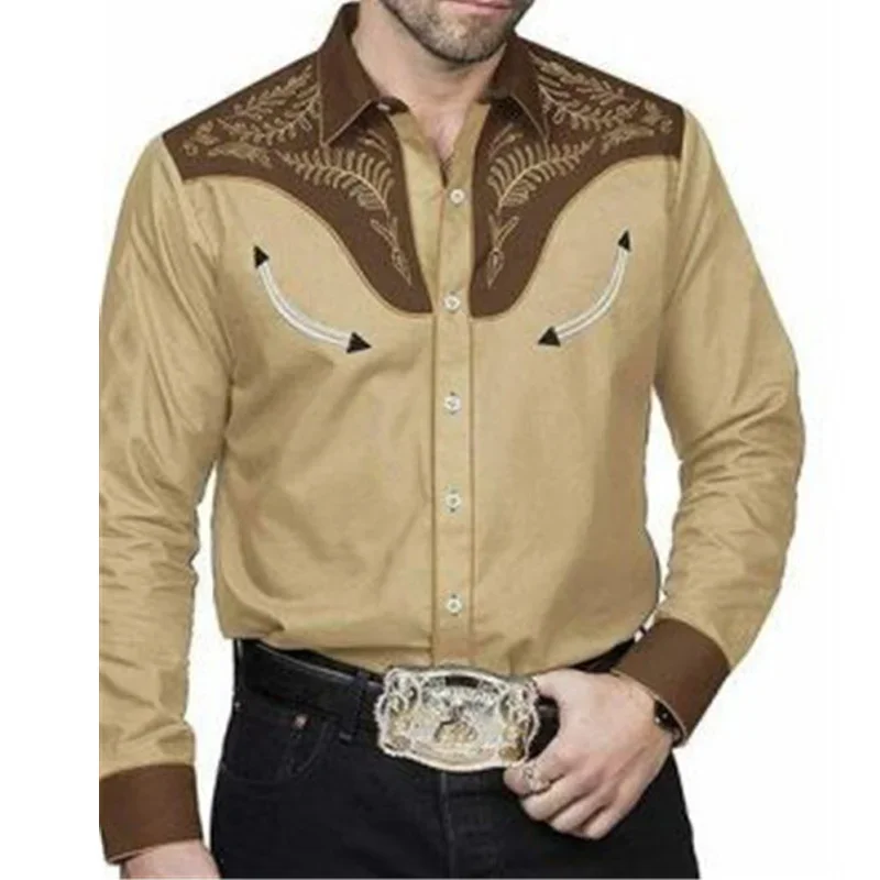 2023 new men\'s western totem tribal lapel long-sleeved shirt fabric soft material casual outdoor men\'s oversized tops shirt