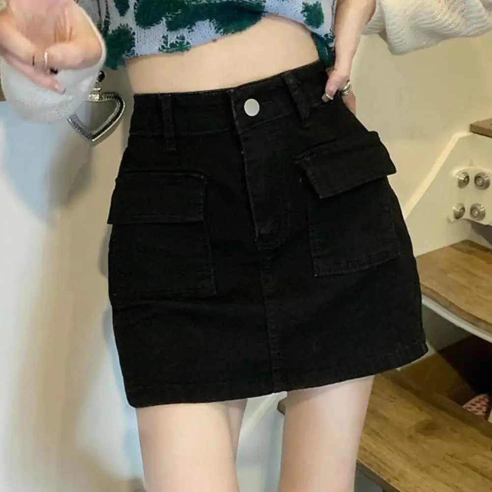 Denim Skirt High Waist Summer Denim Skirt A-line Wrapped Style with Fly Pockets Button Zipper Fly Solid Color Elegance Short