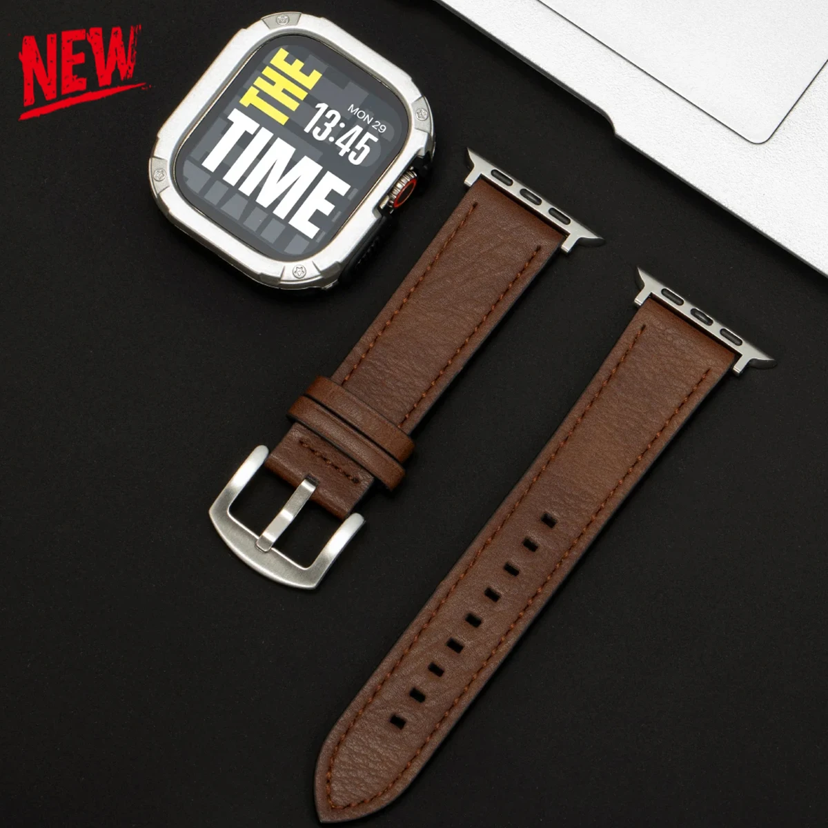 

Ремешок + чехол для Apple Watch Series 11 10 9 8 7 se Кожаный ремешок + противоударный чехол для Iwatch ultra 3 49 мм 40 41 44 45 46 мм Ремешок