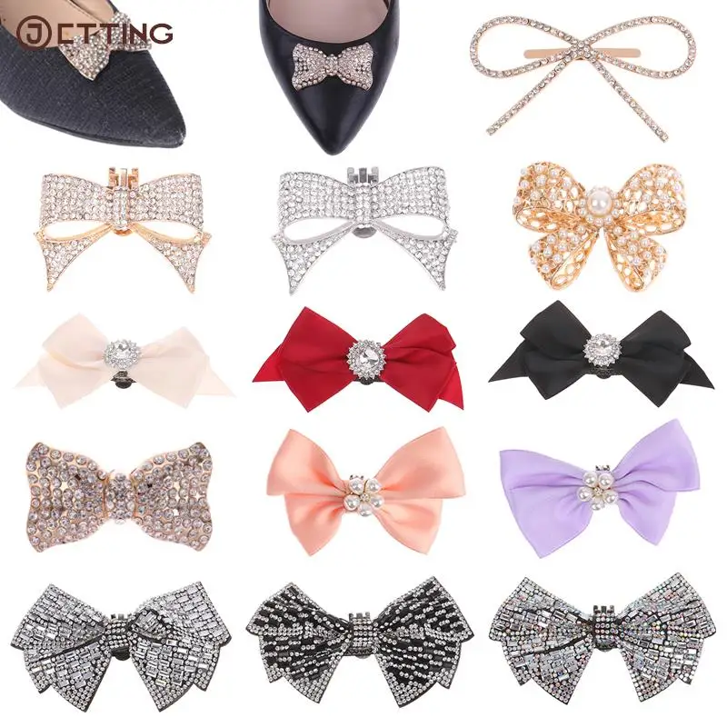 1/2PCS  Wedding Brooch Bride Silk Bow Flower Charm Buckle Rhinestone Shoe Clip Shoe Decorations Shoe Accessories  black/white 