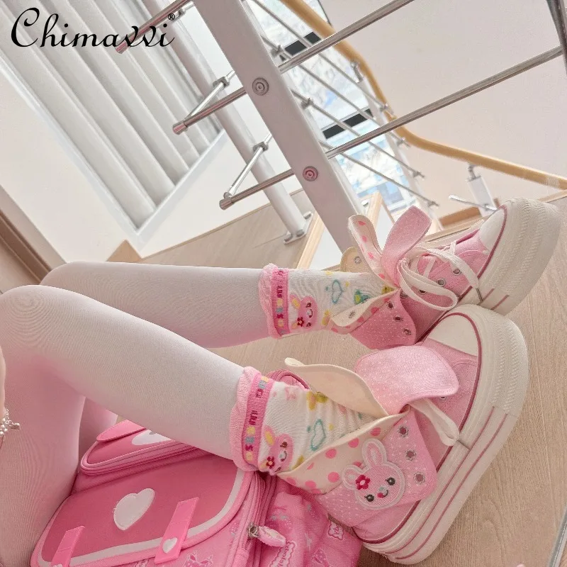 

Japanese Style Cute Piano Rabbit Polka Dotthick Sole High-top Canvas Shoes Spring New Sweet Girl Student Kawaii Flats Shoes