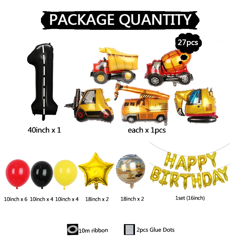 27pcs engineering Theme foil Balloon With 40Inch Number Set Digger Engineering Vehicle Construction Birthday Balloon Party Decor