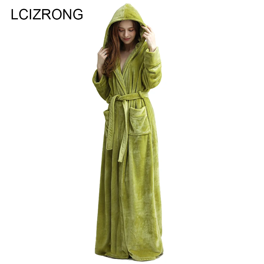 Winter Extra Long Warm Thick Hooded Bathrobe Women/Men Unisex Dressing Gown Female Sexy Long Sleeve Ankle Bath Robe