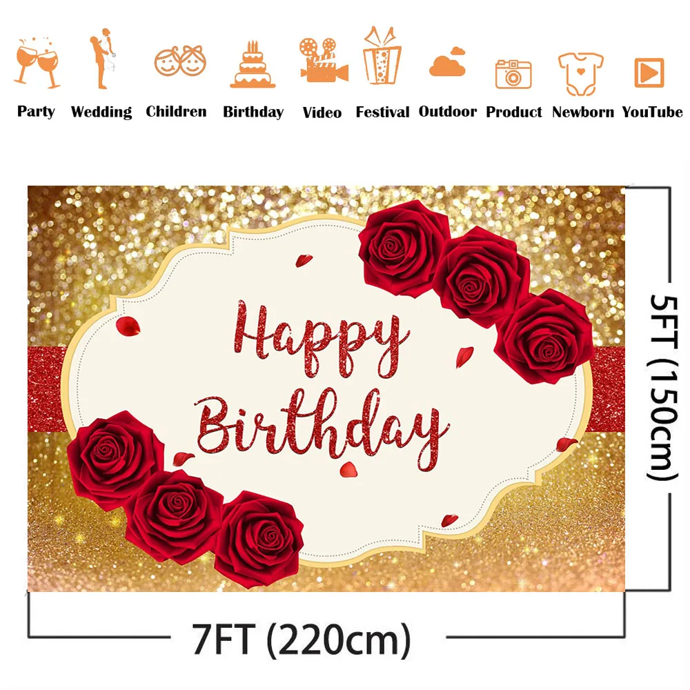 Gold Glitter Geburtstag Hintergrund rote Rose Blumen erwachsene Frauen Thema Party Dekoration liefert personalisieren Fototermin Mädchen Geburtstag