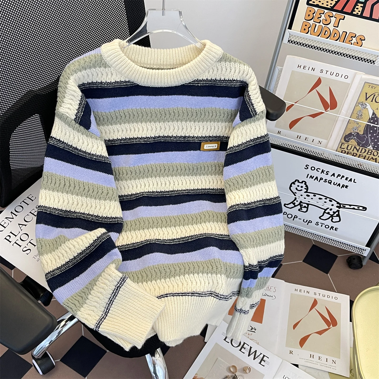 

Мужской осенне-зимний утепленный вязаный свитер в полоску, свободного кроя, с круглым вырезом, повседневный, комфортный, теплый, модный, молодежный стиль