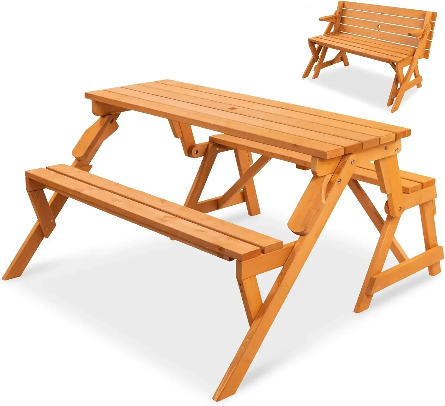 2-in-1 Transforming Interchangeable Outdoor Wooden Picnic Table Garden Bench for Backyard, Porch, Patio, Deck w/Umbrella