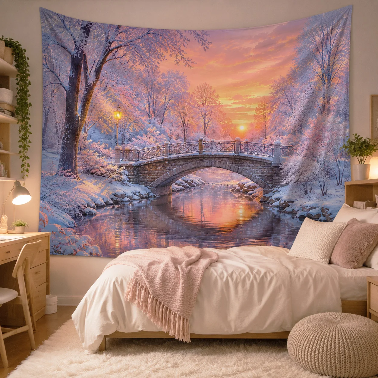 Winter Snow Bridge Tapestry Wall Hanging River Sunset Large Fabric Wall Tapestries Boho Decor Aesthetic Birthday Gift