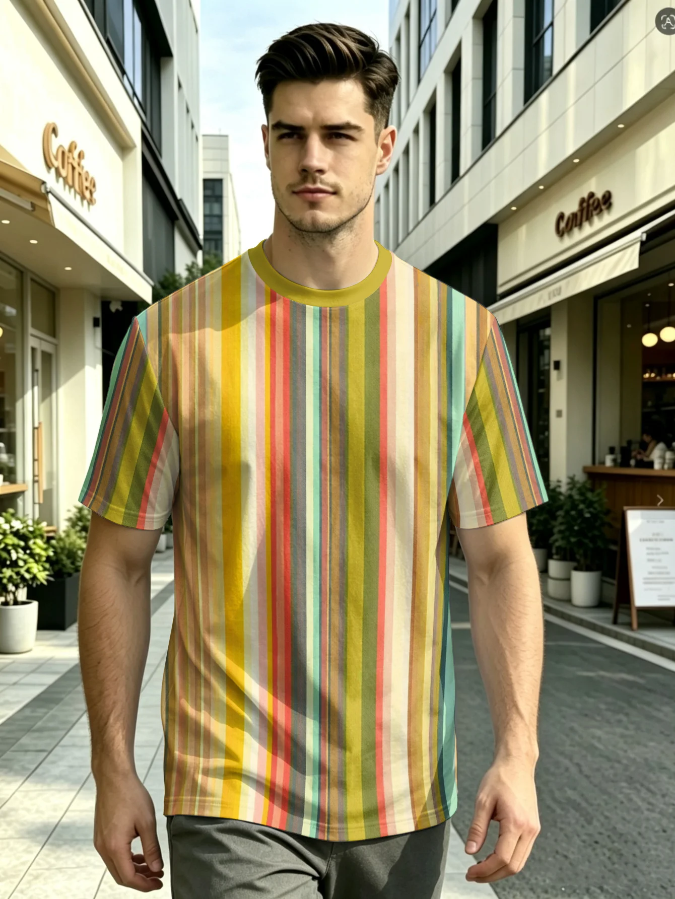 Men Mesh Sports T‑Shirt Multicolor Vertical Stripe O‑Neck Short Sleeve Summer Loose Casual Daily Top
