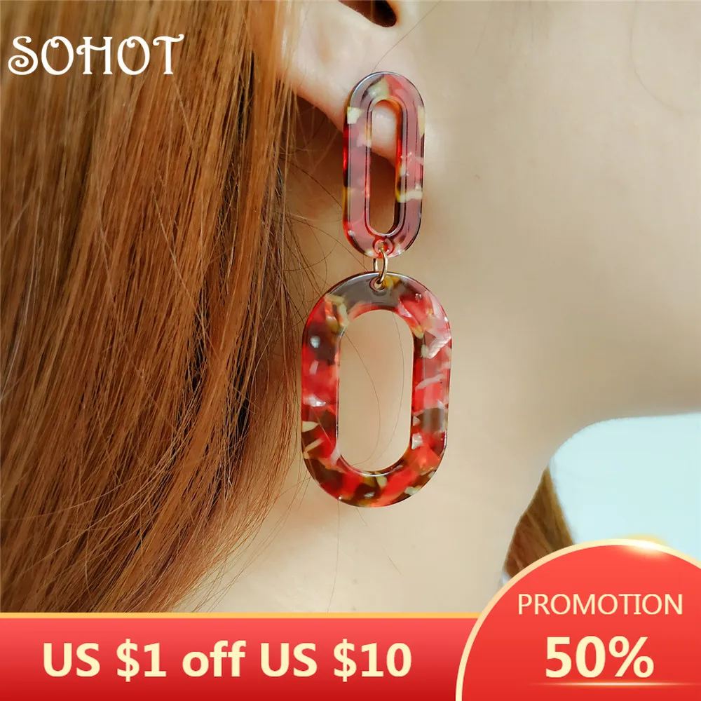 SOHOT Trendy Ethnic Style Tropical Geometric Drop Earrings Tide Acrylic Marble Pattern Women Accessories For Anniversary Gift