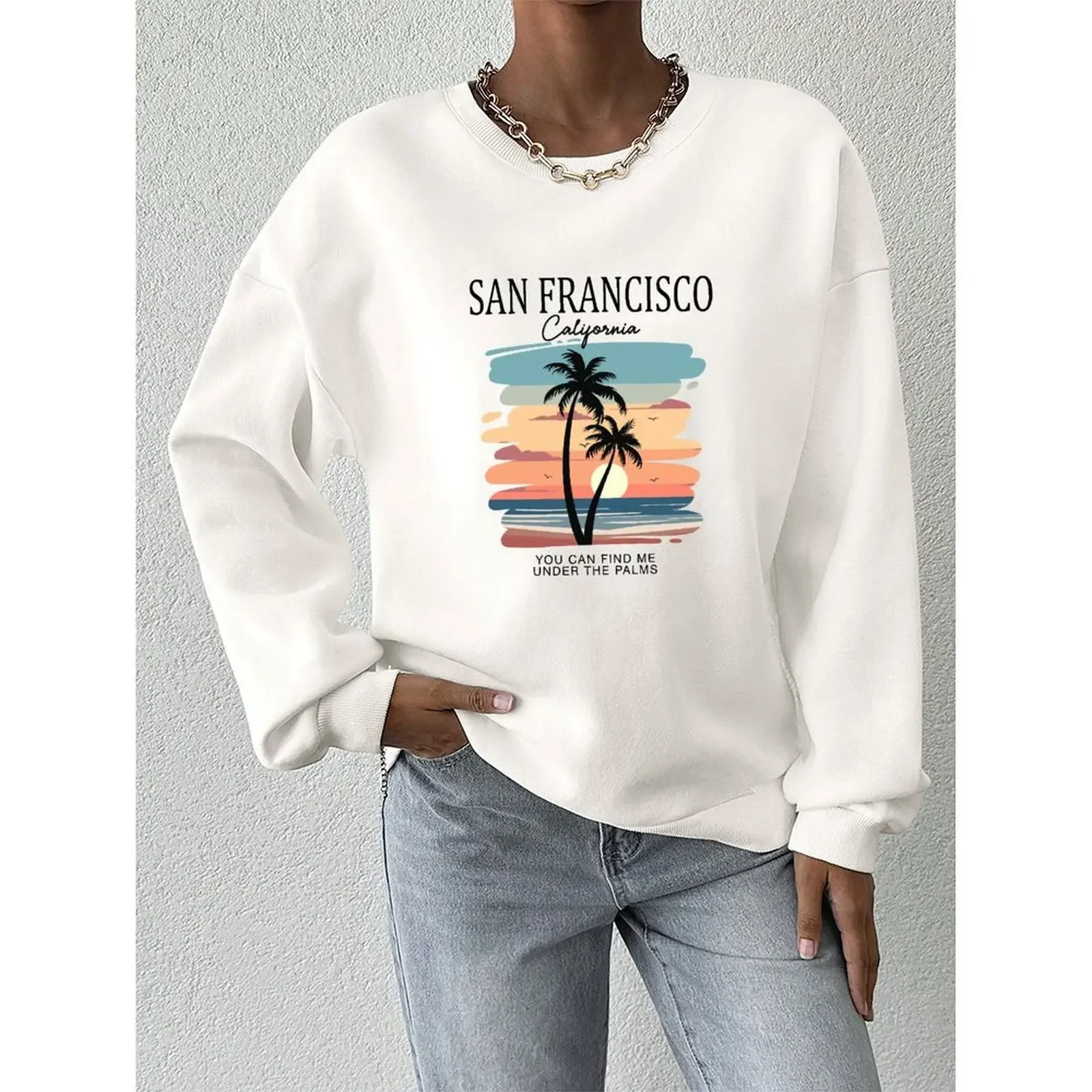 

Women's Round Neck Sweatshirt Velvet Winter Casual Long-sleeve Graphic Print Palms Pullovers Winter Woman Clothes 2025