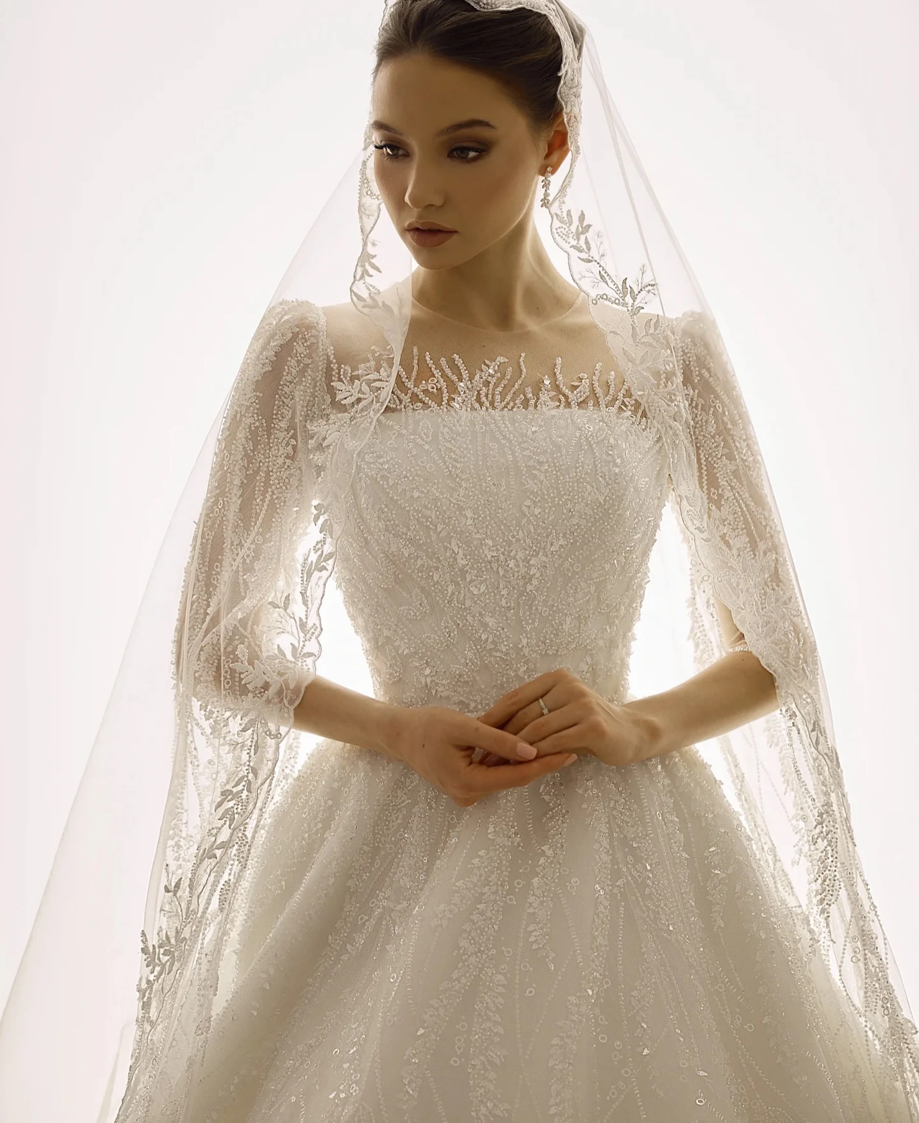 Square Collar Long Sleeve Ball Gown Elegant Wedding Dress HIGH Customized Vestido De Novia