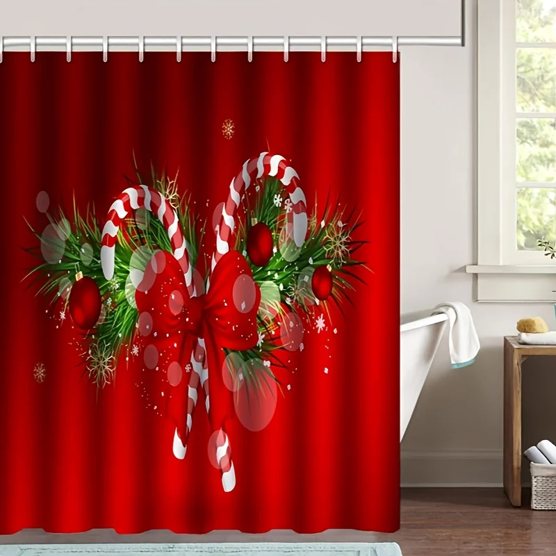 JIT1/4pcs Realistic Apple Cane Floral Series Shower Curtain Set with Non-Slip Mat, Christmas-Themed Bathroom Decoratio