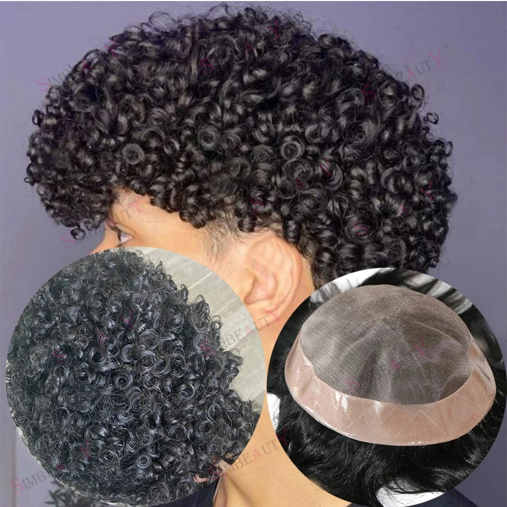 Peruca de cabelo humano afro encaracolado para homens, linha fina natural, peruca durável, renda mono fina, base PU, onda, sistema de prótese, 15mm