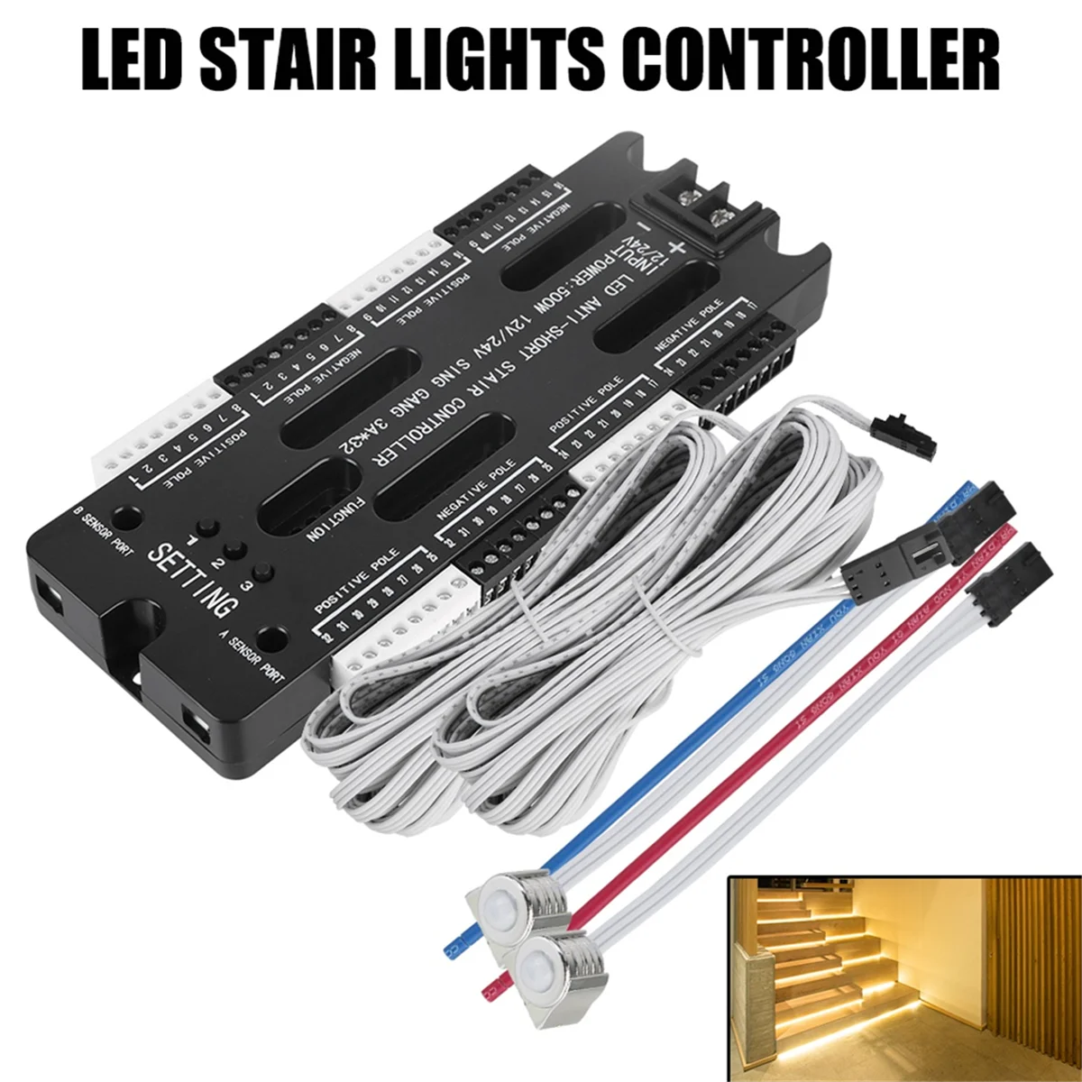 Tira Flexible con Sensor de movimiento para escaleras, controlador de luz LED de 32 canales, brillo ajustable, CC de 12V y 24V