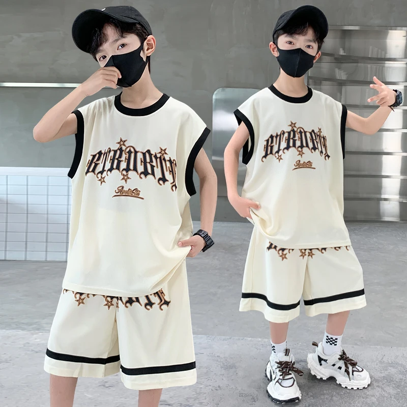 

Boys Street Style Loose Sleeveless Sports Suit Summer Kids Casual Straight Leg Short Pants+ Sleeveless Vest Two-piece Set