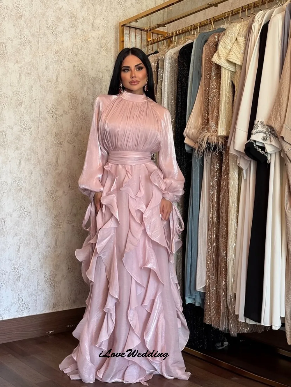 فستان حفلة موسيقية مخصص برقبة عالية 2025 بأكمام طويلة أنيق لحفلات الزفاف على شكل حرف a الكشكشة مطوي فساتين رسمية طول الأرض #4