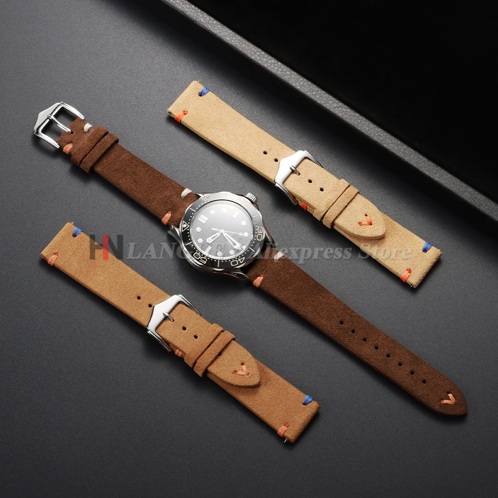 20mm 22mm 스웨이드 가죽 스트랩 빈티지 수제 스티치 시계 밴드 삼성 시계 7/6/5/4 남성 여성 교체 팔찌