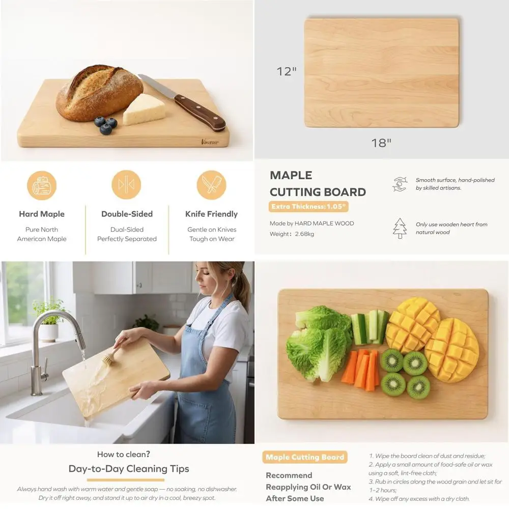 

Reversible 18x12 Hard Maple Wood Chopping Board, 1 Thick, with Hidden Handle and Rounded Corners