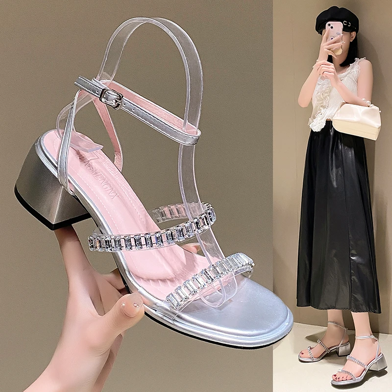 2024Temperament High Heels Sandals External Wearing Women\'s 2024 Summer New French One Character Strip Sand Roman Shoes Female