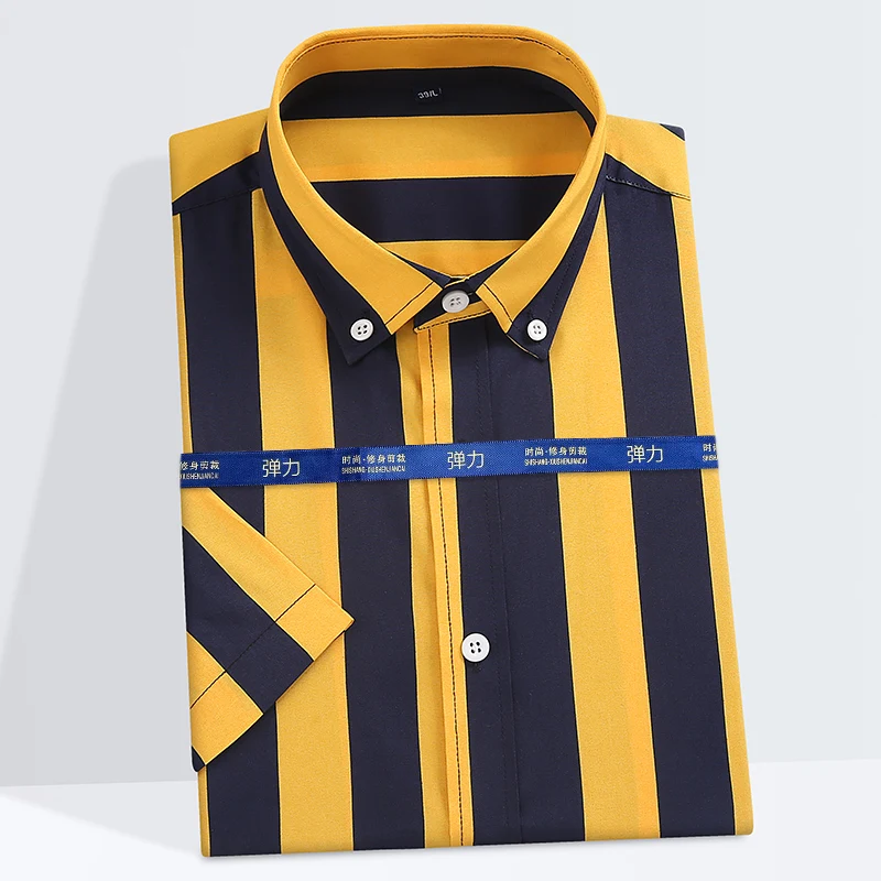 Fashion korean striped clothes summer thin short sleeve shirts for men slim fit casual plain shirt trends elastic hawaiian tops