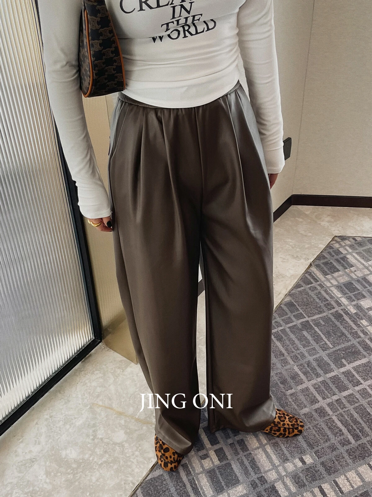 Leather Pants Y2k Woman Clothing 2023 Autumn Korean Style Fashion Vintage High Elastic Waist Cargo Trousers Baggy Wide Leg Chic