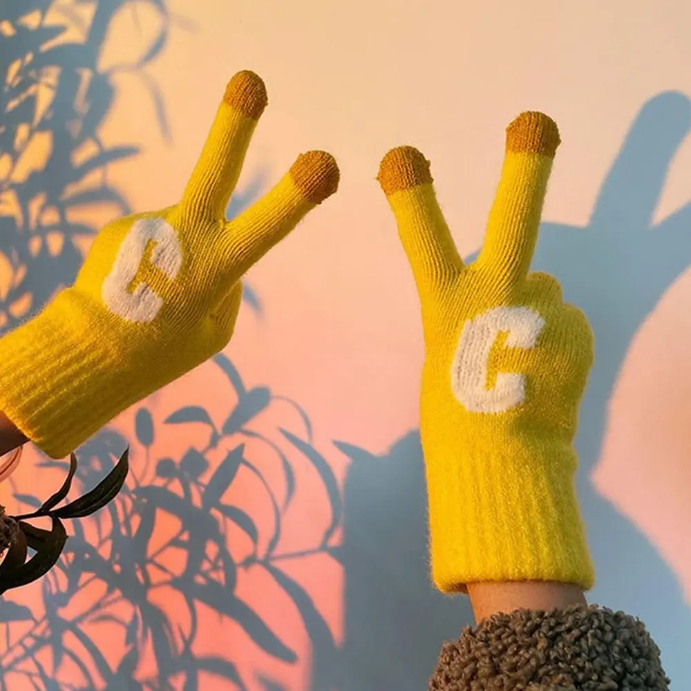 Cor dedo cheio de lã do falso outono inverno luvas tela toque luvas ao ar livre estilo coreano feminino luvas de malha