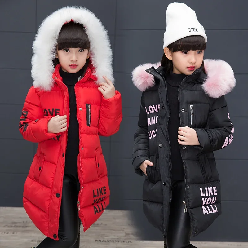 2024 Russia Winter 4-13Y Girls Parkas Faux Fur Collar Baby Girl Long Cotton-padded Jacket Letter Junior Girl Snowwear Coat