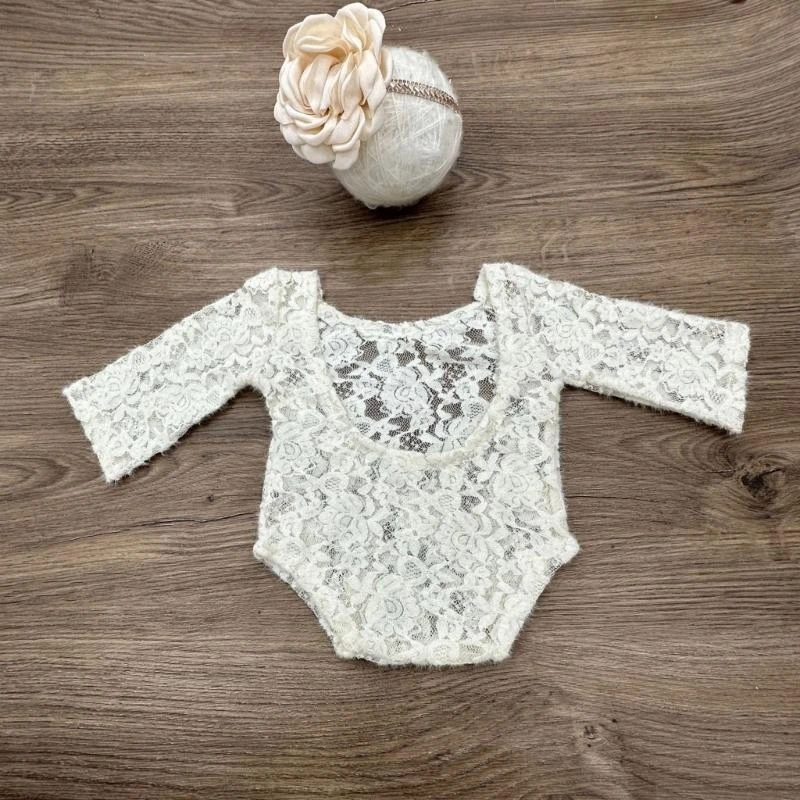 

J15U 2Pcs Newborns Celebration Set Comfortable Lace Bodysuit and Decorative Headband Photo Outfits with Matching Hairband