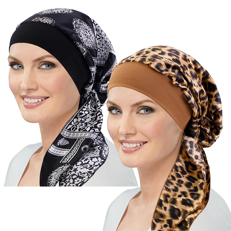 

2 шт., женский атласный платок-тюрбан с принтом, повседневные шапки для Рамадана, дышащая эластичная шапка с широкими полями, мусульманская шапка для химиотерапии от рака
