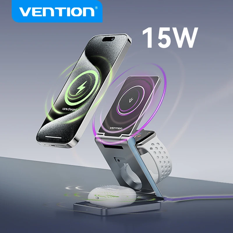 Беспроводное зарядное устройство Vention 15 Вт 3 в 1, складная магнитная беспроводная зарядная станция для iPhone 14 13 12 Apple Watch Airpods