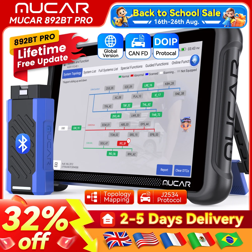 Image of MUCAR 892BT Pro AI OBD2 Diagnosegerät mit Topologie-Mapping, 35 Servicefunktionen, ECU-Codierung, Bidirektionaler Fahrzeugscanner, Lebenslange Kostenlose Updates
