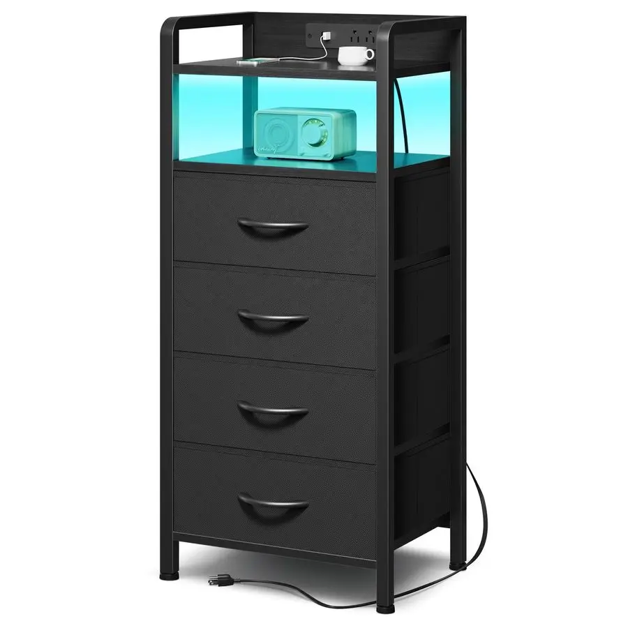 

Stand Bedside Table Bedroom Tall Nightstand with Charging Station amp LED Light Strip, Bed Side Table with Storage Shelf amp 4 F